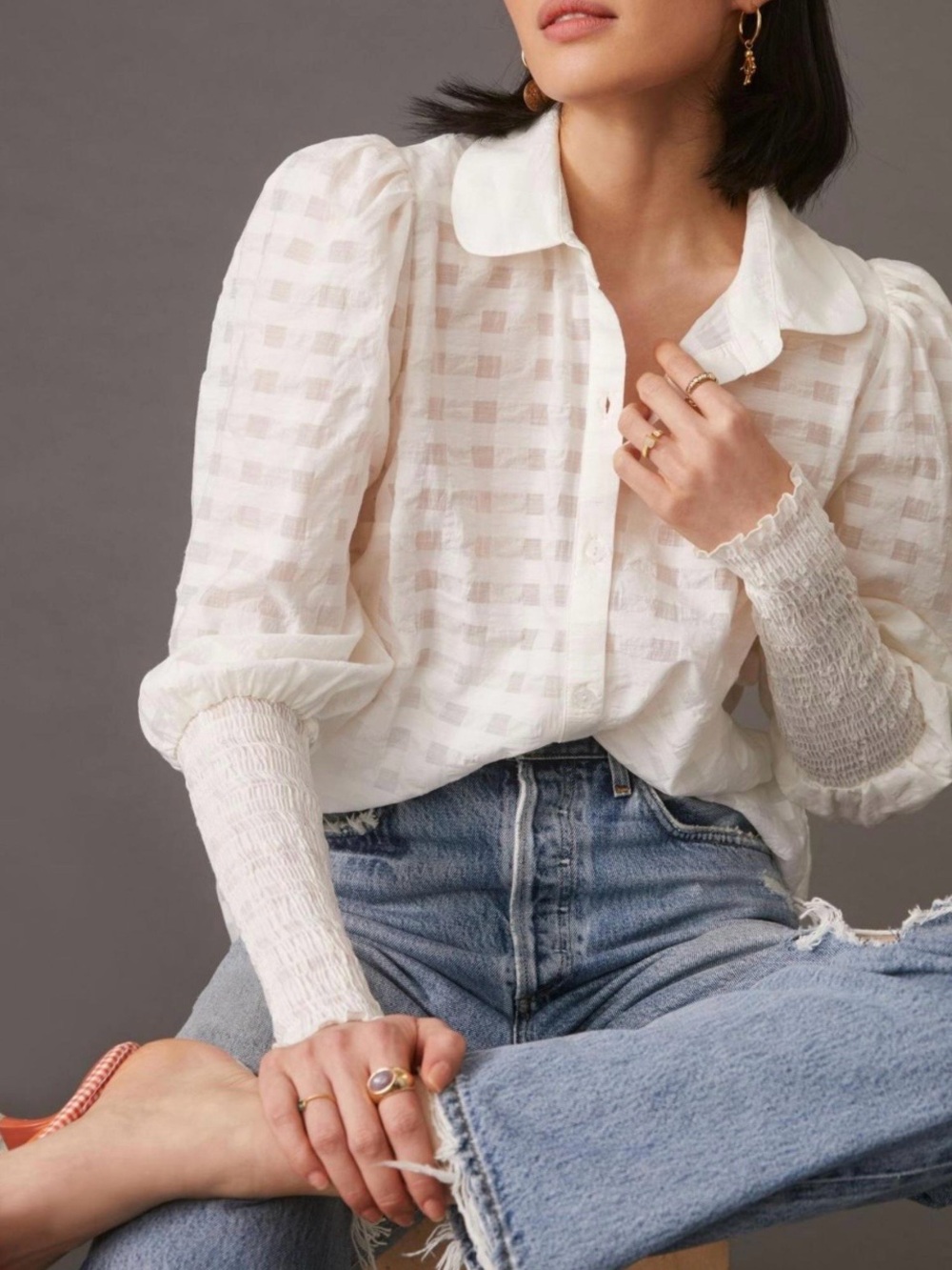 Maeve White Sheer Checked Puff-Sleeve Button-Down